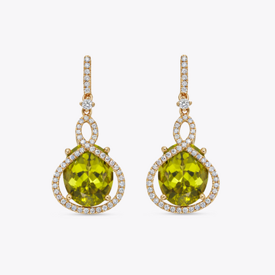 Special Editions Oval Peridot and Diamond Teardrop Surround Earrings in 18ct Yellow Gold