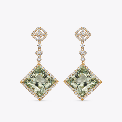 Special Editions Green Amethyst and Diamond Square Earrings