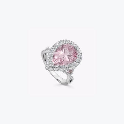 Special Editions Pear Morganite and Double Diamond Halo Ring in 18ct White Gold